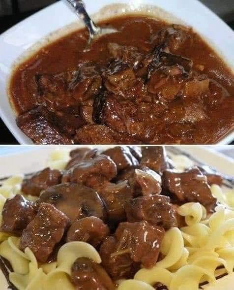 BEEF TIPS, EGG NOODLES AND CREAMY GRAVY