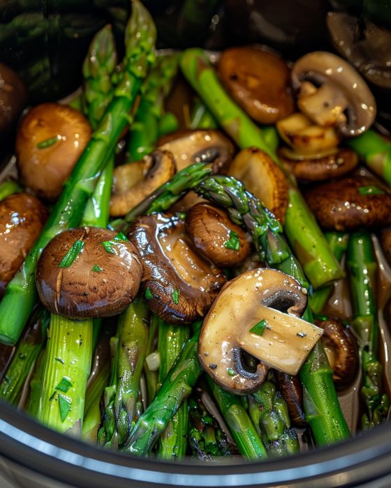 Slow Cooker Butter Garlic Asparagus and Mushrooms