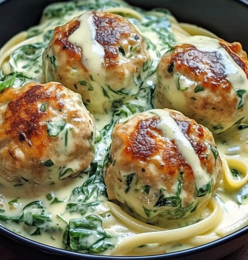 Chicken Ricotta Meatballs with Spinach Alfredo Sauce