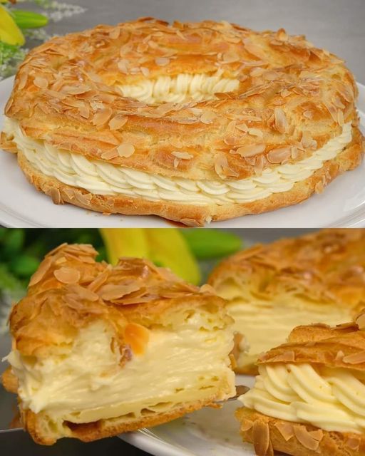 Paris-Brest with almond crust and creamy vanilla filling