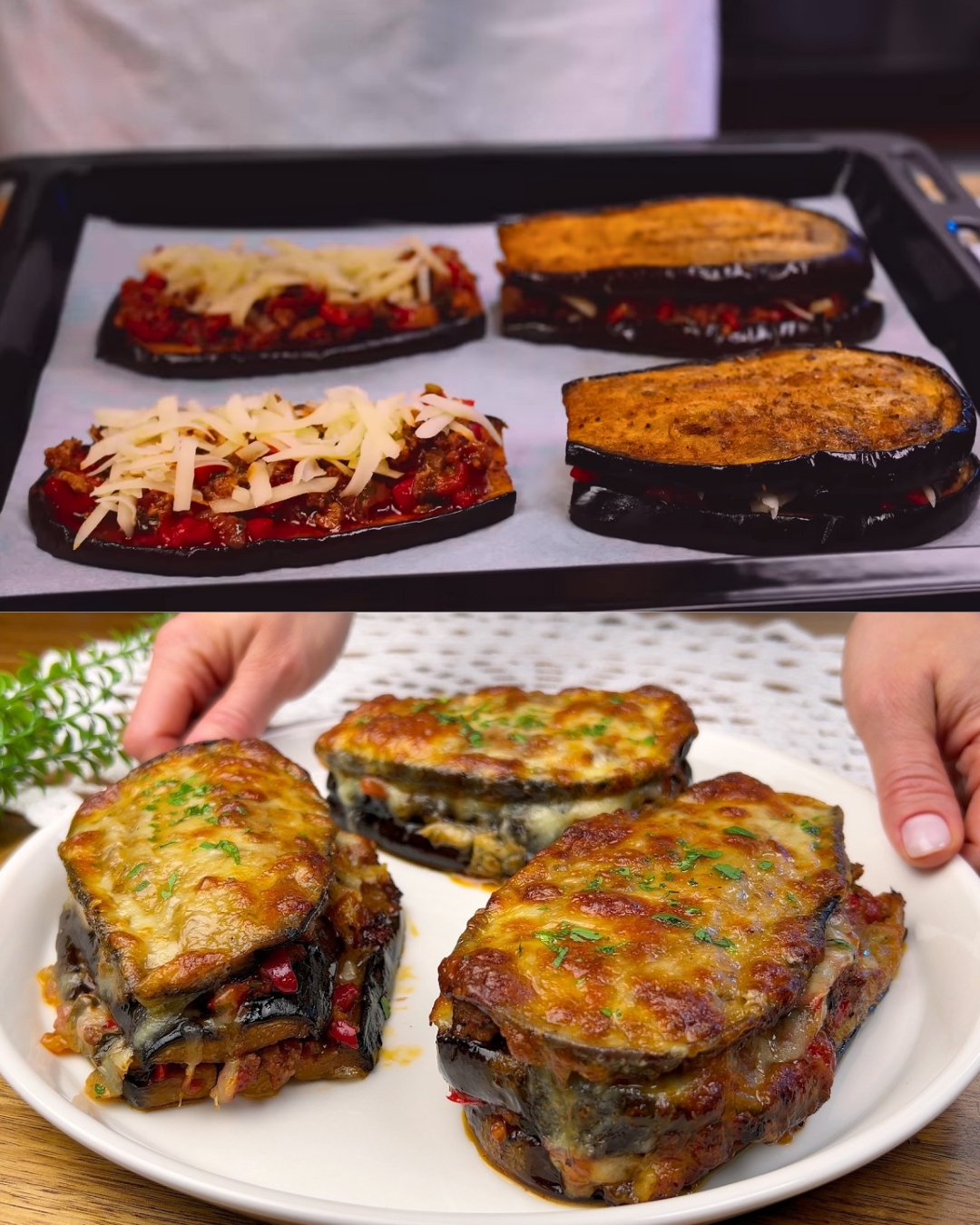 Baked Eggplant with Meat Filling and Cheese