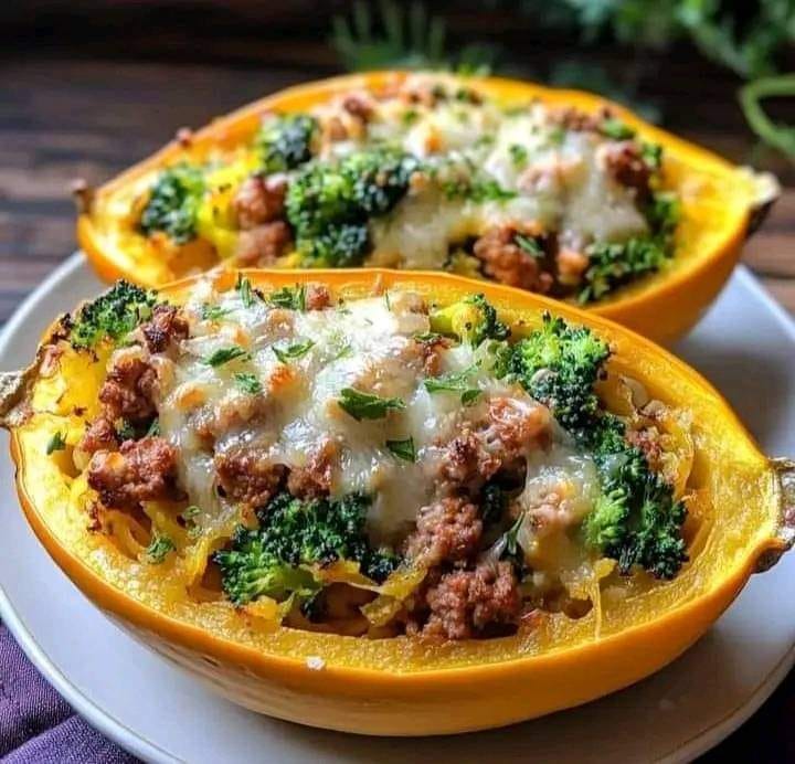 Stuffed Spaghetti Squash with Broccoli, Spicy Italian Sausage, and Cheddar Cheese