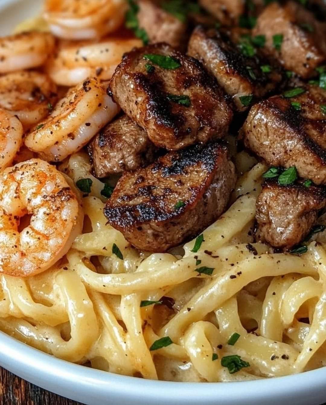 Blackened Steak and Shrimp Alfredo