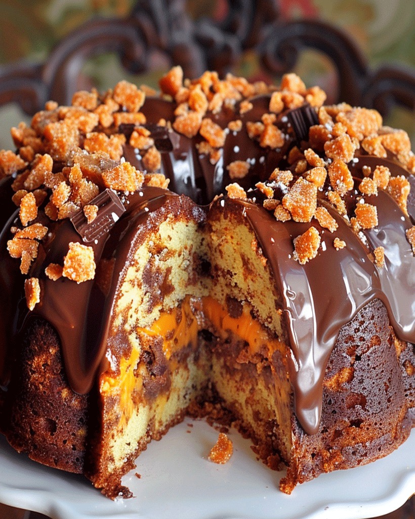 Butterfinger Bundt Cake with Chocolate Drizzle