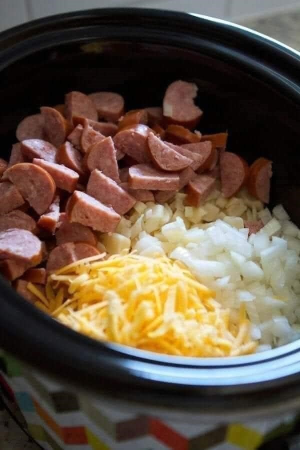 Crockpot Hashbrown Casserole with Smoked Sausage