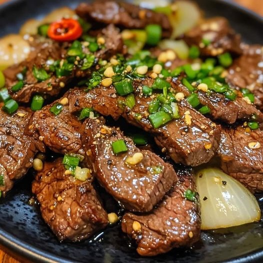 GRILLED BEEF WITH GREEN PEPPERCORNS AND ONIONS