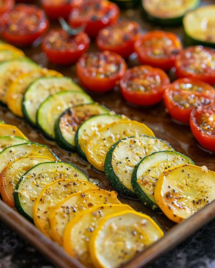 Roasted Garlic Parmesan Zucchini, Squash, and Tomatoes