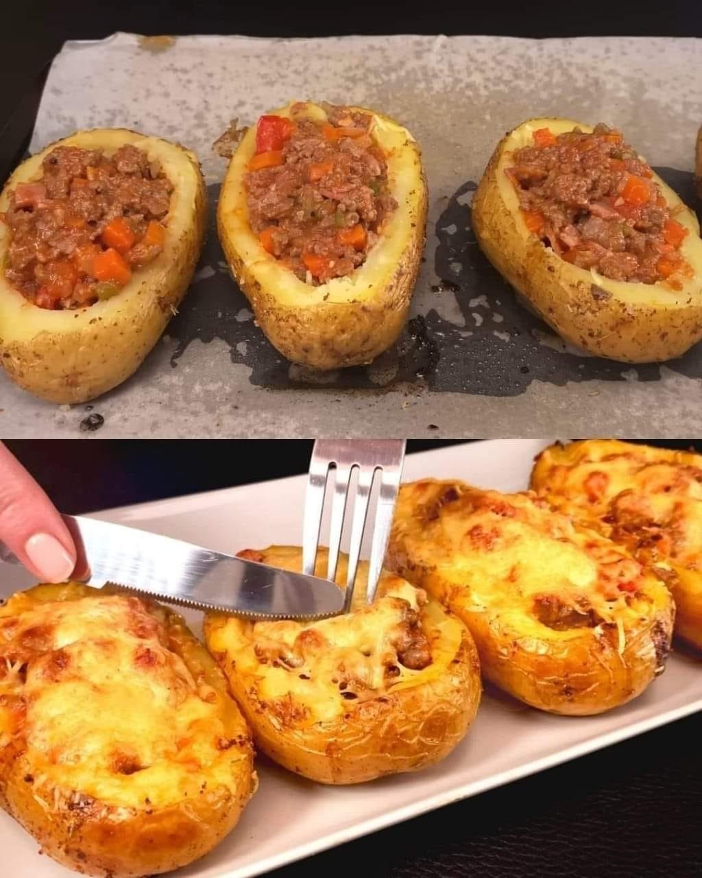 Potatoes filled with meat and cheese, baked twice.