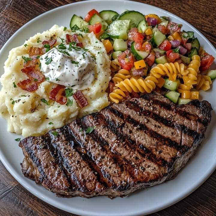 Garlic Butter Steak with Loaded Mashed Potatoes & Pasta Salad