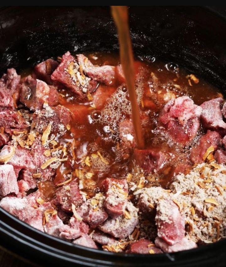 Put steak and onion soup mix in a slow cooker. You’ll be amazed by how delicious it is