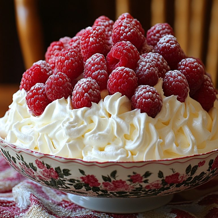 Raspberry Pavlova – A Light, Crispy Meringue with a Soft, Marshmallow Center, Topped with Fresh Raspberries and Whipped Cream! A Perfectly Sweet and Tangy Dessert!