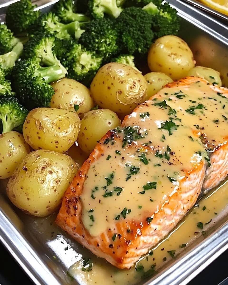 Lemon Butter Salmon with Crispy Potatoes and Broccoli