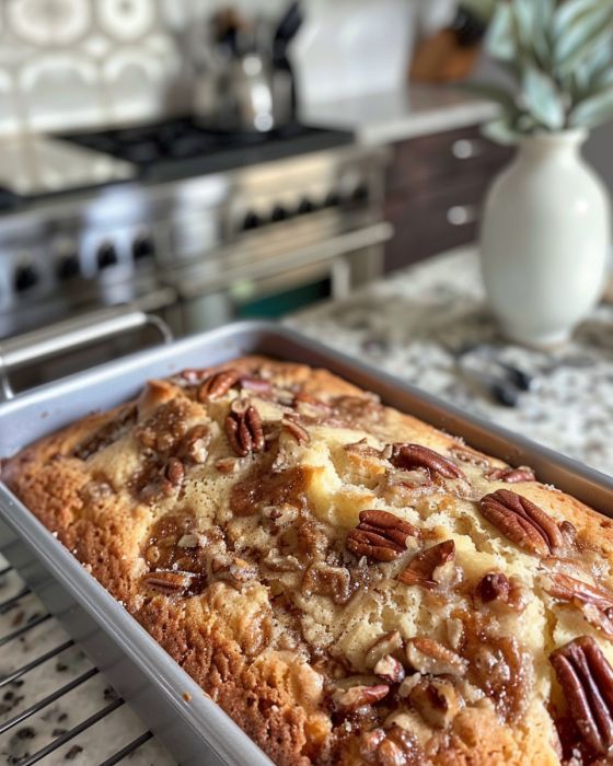 Butter Pecan Pound Cake with Peach Compote