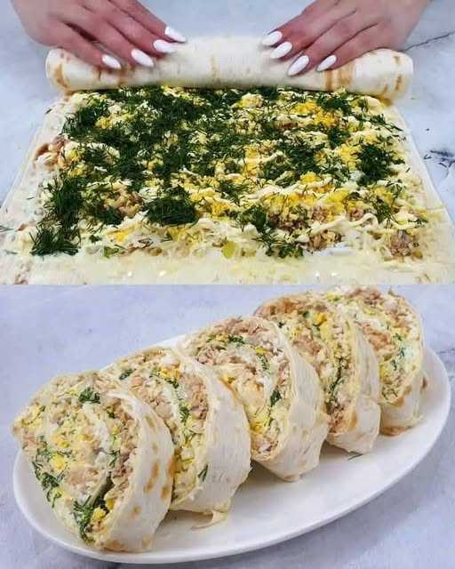 Layered Pita Roll with Eggs, Cheese, and Canned Fish