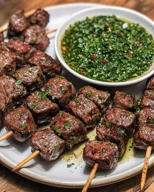 Spicy Beef Skewers with Chimichurri Sauce