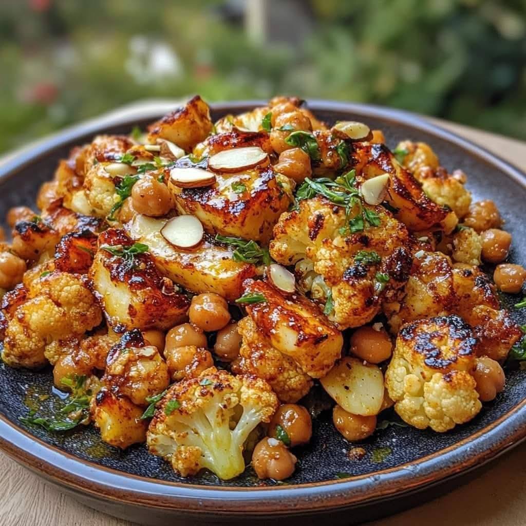 Honey Curry Roasted Cauliflower with Grilled Halloumi and Crunchy Chickpeas